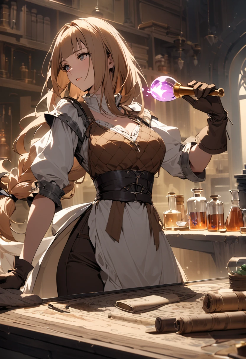 (fantasy:1.5),(8k,masterpiece, top quality, best quality,beautiful and aesthetic:1.2,professional illustrasion:1.1,ultra detail:1.3,perfect lighting),extremely detailed,highest detailed,incredibly absurdres , highres, ultra detailed,intricate:1.6,(Alchemy Workshop:1.4),A girl mixing,Medicine in many small bottles,holding small potion,colorful:1.4,zentangle,(a girl 26yo old),(cute girl),pointed chest:1.3,(double breasted:1.2,under bust:1.2), Amazing Cleavage:1.3, thin waist, big ass, Raised sexy, small breast: 1.2 posed cleavage:1.2,(female alchemy fashon:1.3),(highly detailed beautiful face and eyes,firm breasts),oily skin,((bronde hair, long pony tail hair)),thin pubic hair,cute,lovely,beautifuk alchemist costume,smile,in the Alchemy Workshop,smile,seductive weak smiling,(with sparkling eyes and a contagious smile),open mouth, Looking at Viewer,