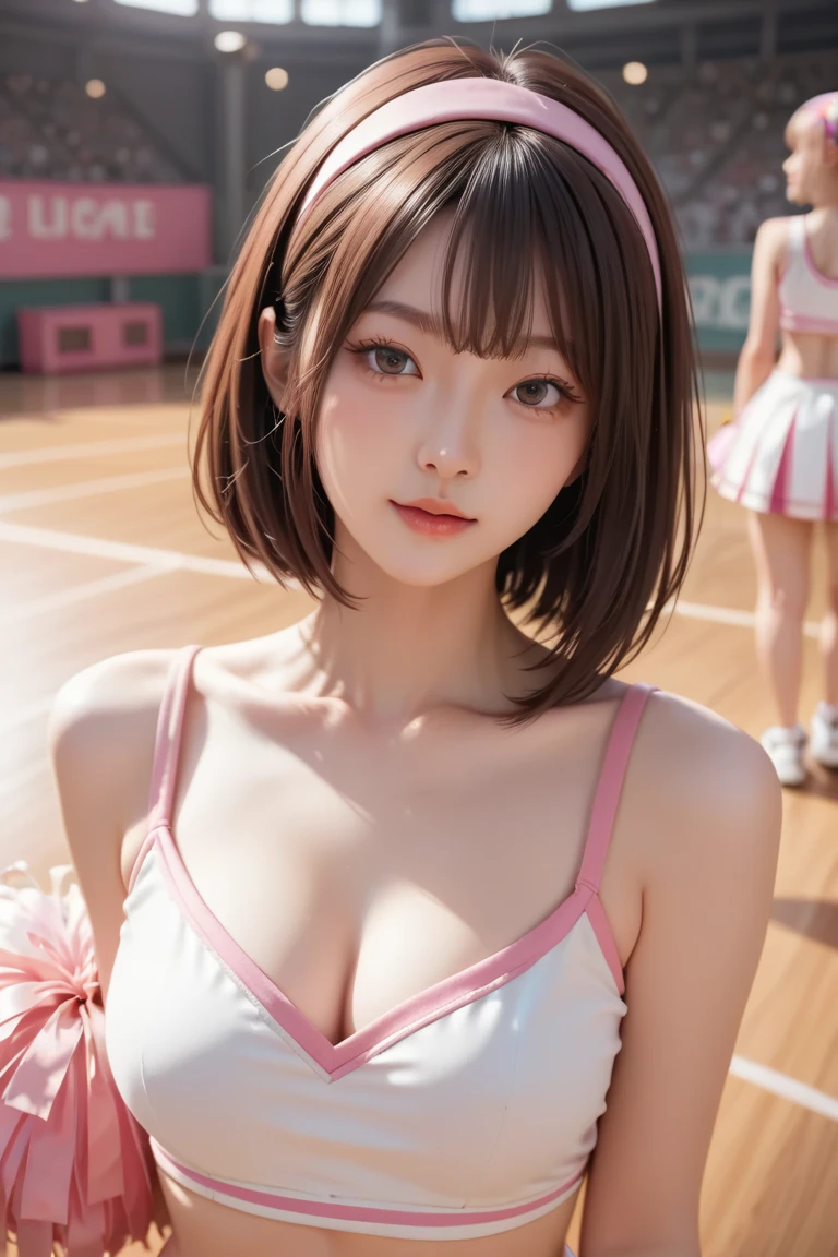 Neat college girl, petite person, (micro bikini, white camisole, white panties), outside the athletic field, (slim, small, flat, small), photorealistic, detail, skin texture, ultra detail, delicate sexy collarbone, smile, super detailed face, detailed lips, detailed eyes, double eyelids