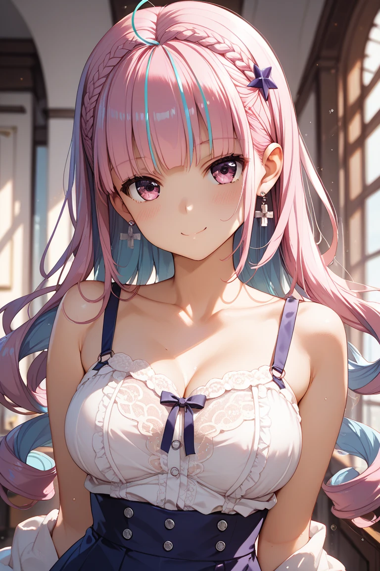 1girl (masterpiece, round_iris, extremely crisp crystalline shiny purple eyes, perfect_anatomy, extremely_captivating_hypnotic_mystic_eyes,) perfect face, long pastel pink hair, smiling evil, big breasts, pink dress with hearts, ballons, roses, hearts, valentines day, reds and pinks, dynamic pose, gamer girl, picknick, outside, best quality, 4k