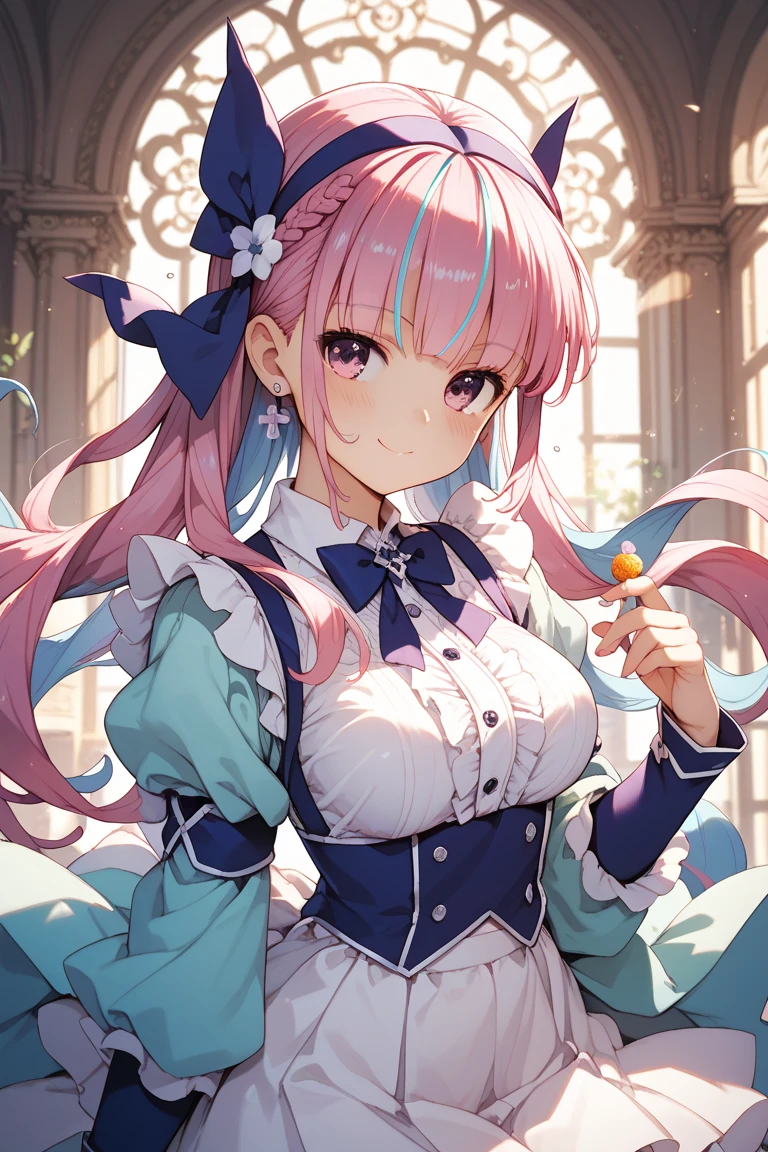masterpiece,best quality,(((highres))),((an extremely delicate and beautiful)),beautifully detailed sky,light particles,light effect,((high detail)),illustration,
1girl,solo,gloves,hat,smile,long hair,boots,one side up,pink hair,beret,pink eyes,black gloves,black footwear,blue headwear,Blue bow,looking at viewer,short sleeves,pantyhose,standing,dress,red eyes,puffy sleeves,puffy short sleeves,blue dress,skirt,Yellow gemstones,<lora:AGM:1>,