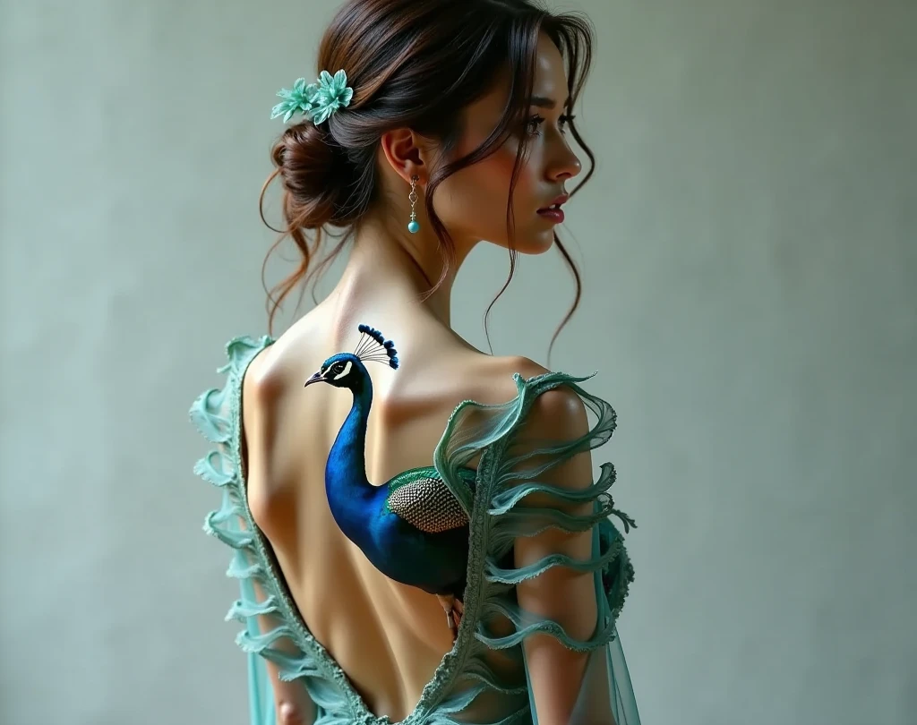 photoillustrasion of double exposure of merged, a tall-woman in high-fashion long-dress, a peacock (3D effect of peacock images fit on her long-dress), seamless mix, texture and pattern, 3D effect, dramatic shadows, dramatic lights, interlacing elements, fit-image on her long-dress, back view, fantasy art, digital manipulated photo art, magazine photo, high pose, fashion photographic