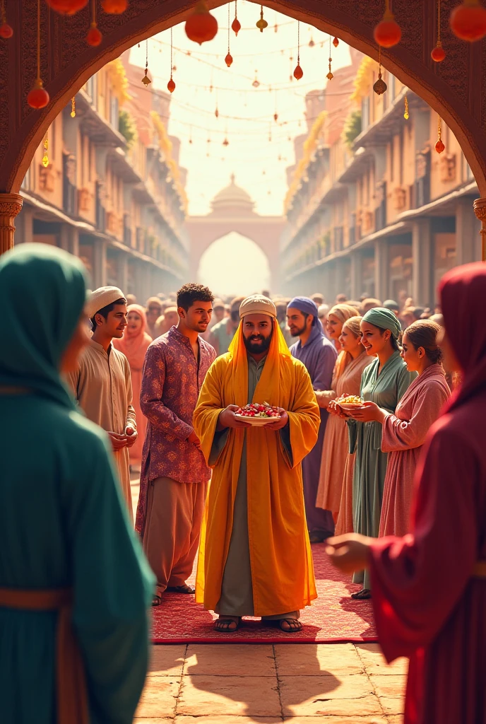 Create an image of Solomon organizing a meeting in the courtyard of his palace, where he is seen distributing resources, like sacks of grain and scrolls with teachings, to a diverse group of people wearing typical period clothing. The scene should highlight the detailed garments, like turbans, Cloaks, and sandals, that reflect the different social classes and backgrounds of the people gathered. The courtyard must be decorated with marble columns, ceramic vases, and fruit trees, creating an atmosphere of prosperity and cooperation. The expression on Solomon's face must convey serenity and leadership., while people around show signs of respect and gratitude.