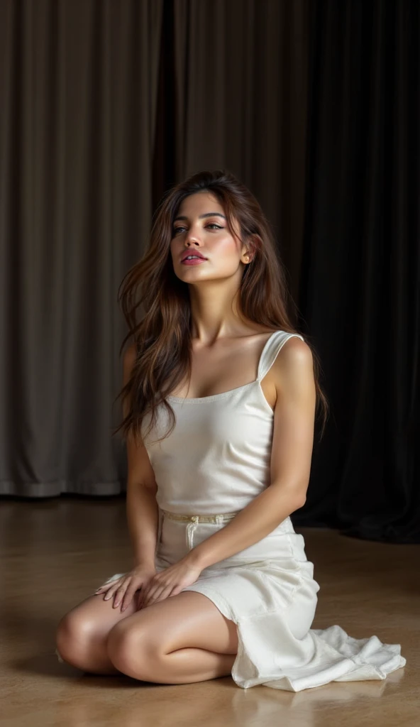 Tzuyu 1, woman, (Realistic), (Hyperrealism), (photoRealistic), Written boundary depth, eye make up:0.7 (whole body:1.2), (Large Bust),(Tight waist), Observe the audience,In the pits of a race track, Race Queen, A sexy dress with open shoulders and neckline