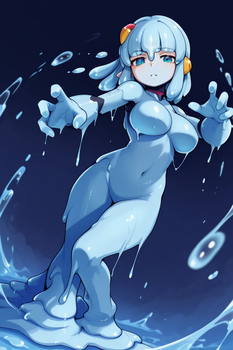 hatsune miku, aqua hair, twin talls, large breasts,, , empty eyes , large breasts, nipple, Running, , Heavy snowfall area, frozen wet crying mountain , solo, Smile Naked, crying, Peeing, lactation, projectile lactation