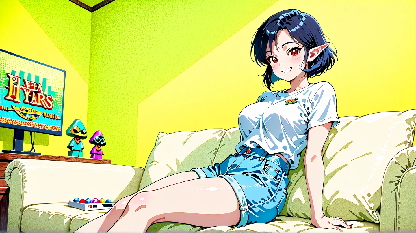 ((best quality)), (masterpiece), ((detailed)), ((realistic)), full body, (1 girl), tomboy, high school student , (living room), cozy, sofa, cushions, coffee table, books, magazines, (tomboy:1.4), short black hair, (very shortcut manly hair:1.3), small eyes, thin eyebrows, small nose, thin lips, fair skin, (slender:1.3), wide hips, long legs, (tight tank top), ((Leaning forward)), (dolphin shorts:1.2), (tight pink dolphin shorts), (no bra:1.2), (no panties:1.2), on the sofa, ((legs stretched)), one arm behind the head, looking at the camera, Facial expression, (curious:1.2), smiling, tilting her head, raising her eyebrows, opening her mouth slightly, playful, innocent, naive, (bright:1.3), lighting, (cool:1.3), colors