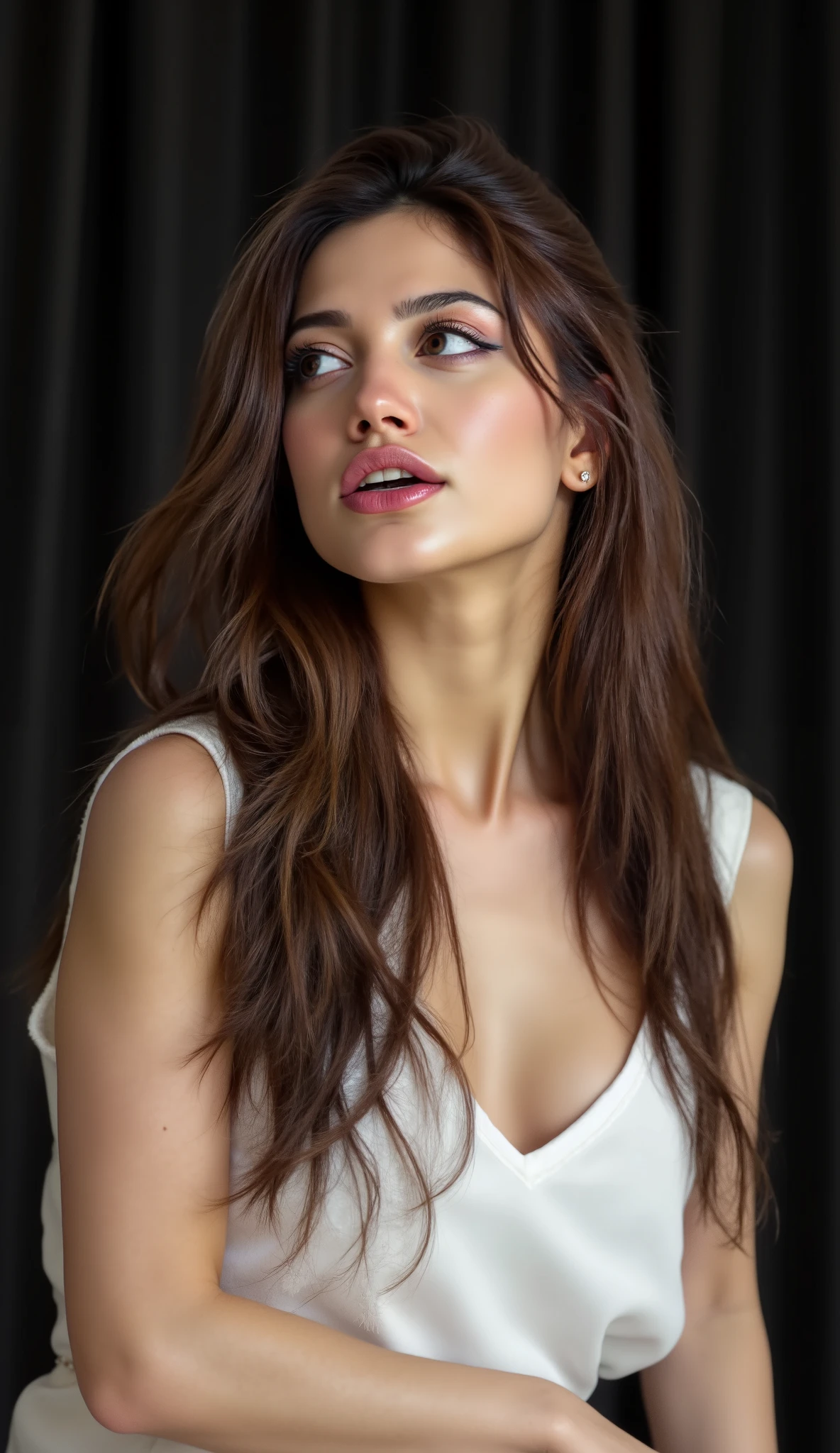 close up, a beautiful young lady is sit on chair and singing on stage, half body no people on background, look at camera