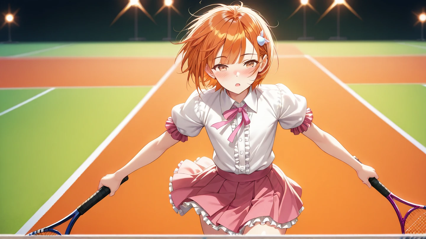 absurdres, highres,
BREAK
cowboy shot
BREAK
(vivid-color:1.3)
BREAK
(one girl:1.3), (loli:1.2),red hair, blue eyes, tennis uniform, playing tennis, hairclip, earrings, jewelry, nm1,  hair ribbon, short hair, tennis cosplay, (pleated super short skirt:1.4), (thighs:1.3), (large ass:1.3), large breasts, (smile face:1.3), open mouth, (breast:1.3), ass, round eyes, (blowing in the wind:0.5), sweat around girl, dripping sweat, squall (wind:1.2), sense of speed, refreshing breeze, motion blur effect, wind
BREAK
background is (tennis court:1.3), (Stand in the center of the screen:1.3), blue sky with clouds, outdoors, (magnificent panorama view:1.2), wind
BREAK
sunlight, magnificent view, rainbow in the sky, light particles, dynamic angle, dutch angle, perspective
BREAK
(daytime, sunbeam:1.2), depth of field, bokeh, light leaks, (chromatic aberration:1.2), noon
BREAK