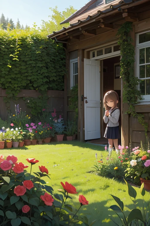 Little girl sweet, And little cute dog in the garden.