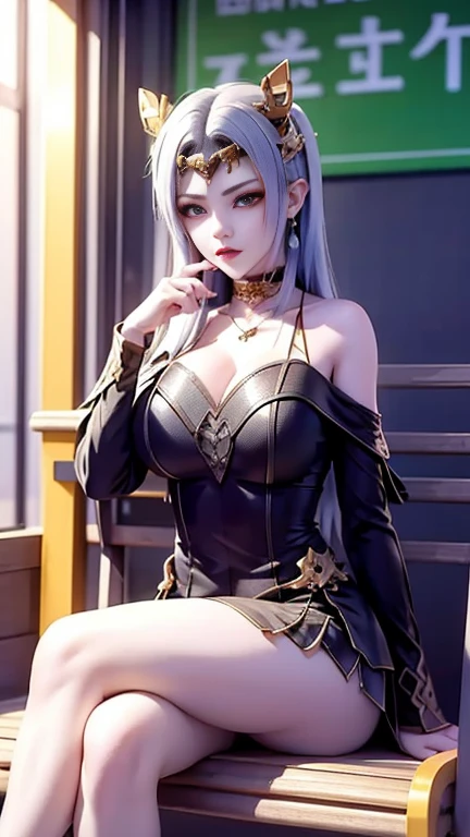 (Image above the chest)((masterpiece:1.5,Highest quality,Highly detailed images,Beautiful images、Realistic、Photorealistic、2.5D))(1girl, 独奏,)(Adult women、large breasts, white hair, beautiful eyes、Beautiful cleavage)(Off-the-shoulder dress、black dress:1.5, Deep slit)(smile, wind, floating hair)(bright、Soft lighting、garden、water fountain)