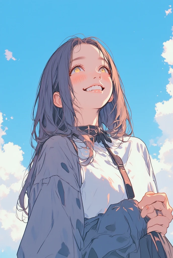 score_9,score_8_up,core_7_up, <lora:samdoesarts_pdxl_v1:1>1girl, solo, jewelry, smile, simple background, closed eyes, black hair, shirt, bracelet, white shirt, collared shirt, teeth, earrings, upper body,outdoors, blue sky,t-shirt