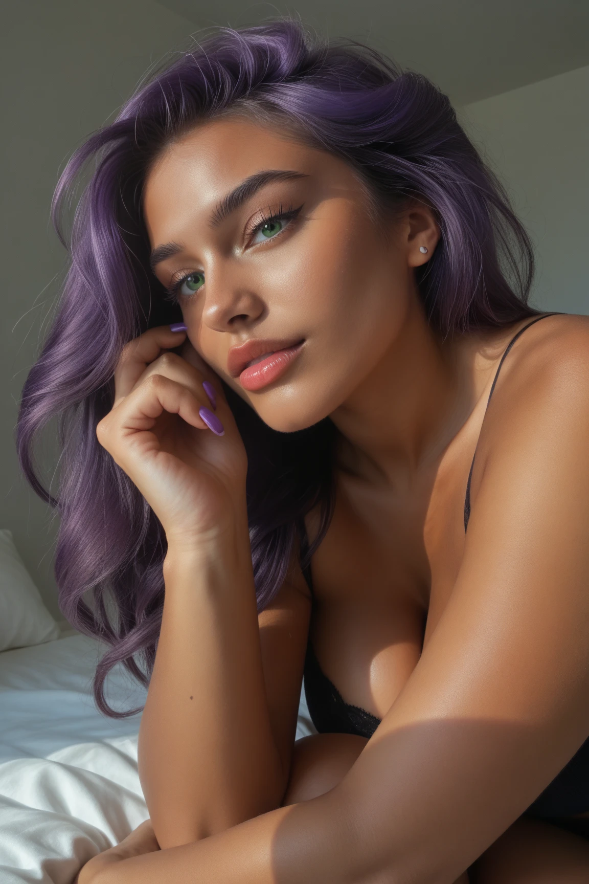 (full body photo: 1) photorealistic image of (lying pose: 1) woman, ultra-realistic, photography, long dark purple hair, woman, 24 years old, hourglass figure, perfect body, seductive appearance, natural medium breasts, background focused, seductive look, long eyelashes, distant photo