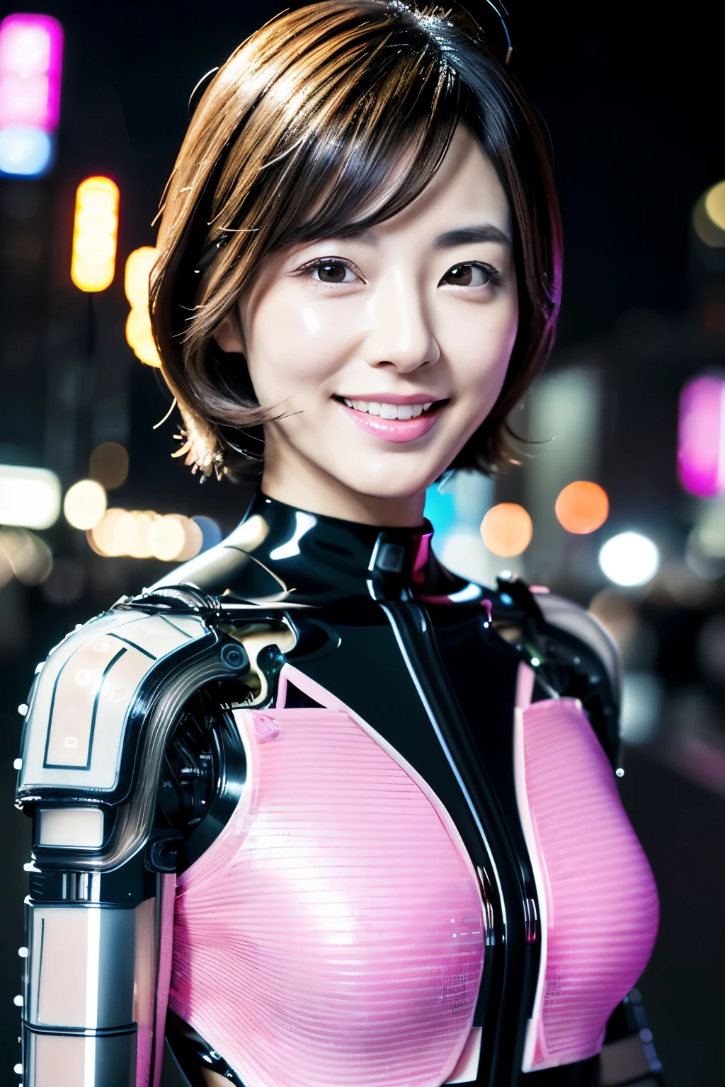pink power range lemele、realistic, shiny dark pink and white suit、Power Rangers Bodysuit、professional photos、Exposing the skin, japanese model、thick body, laughter、big breasts、black haired、sweaty face、No sleeve
