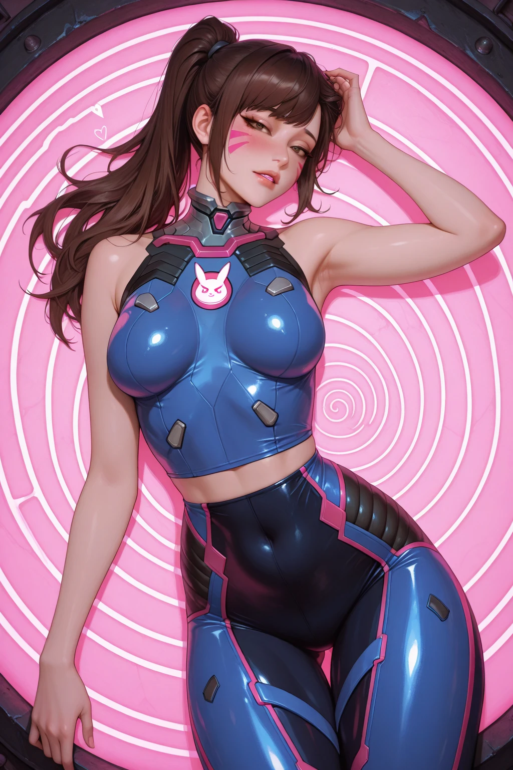 1 girl, (d.va(Overwatch):0.8), alone, long hair, Beard markings, tights, camel toe,nipples, crotch,badly defeated,lies down, getting touched by enemy,brown hair, facial mark, mitt,open mouth,embarrassed and chest, brown eyes, pilot suit, cowboy shot, earphone, white gloves, breast, sweeping forehead, skin is tight, Animal Print, forehead, Rabbit print, Golji One Piece Stockings, face painting, pink lips,l, holding a gun, serious expression, Suspicious, consideration, investigation, middle of the fight, battle background, DEFEATED