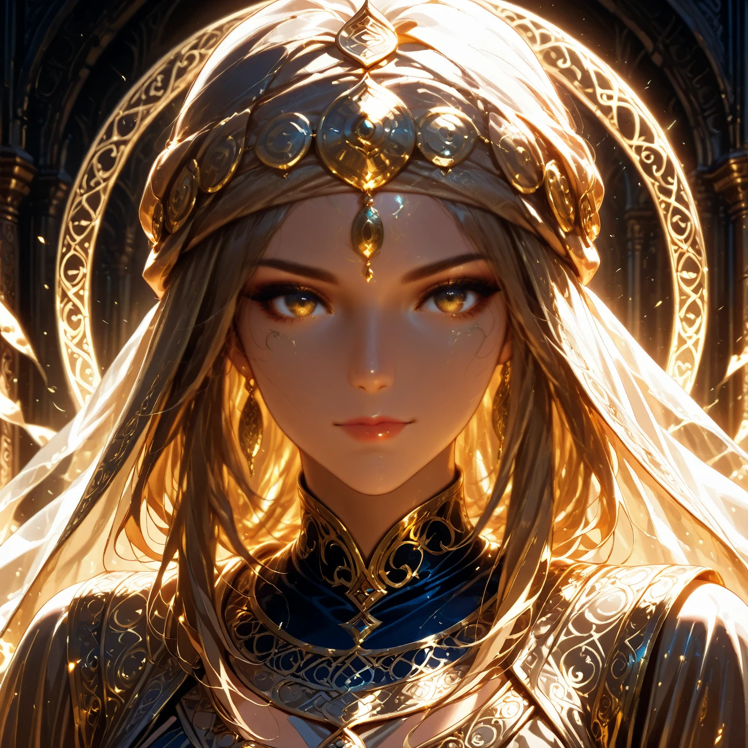 Art of a Woman Wearing a Sun Crown, Wearing a gorgeous breastplate that exposes a small amount of breast skin, ancient goddess art, Sacredness. Very detailed, Mysterious inspiration, Inspiration from the Sun God, Religious inspiration, Cold and snobbish face, White hair, Standing, Full body portrait, Gothic art style, Weird art style, Occult art