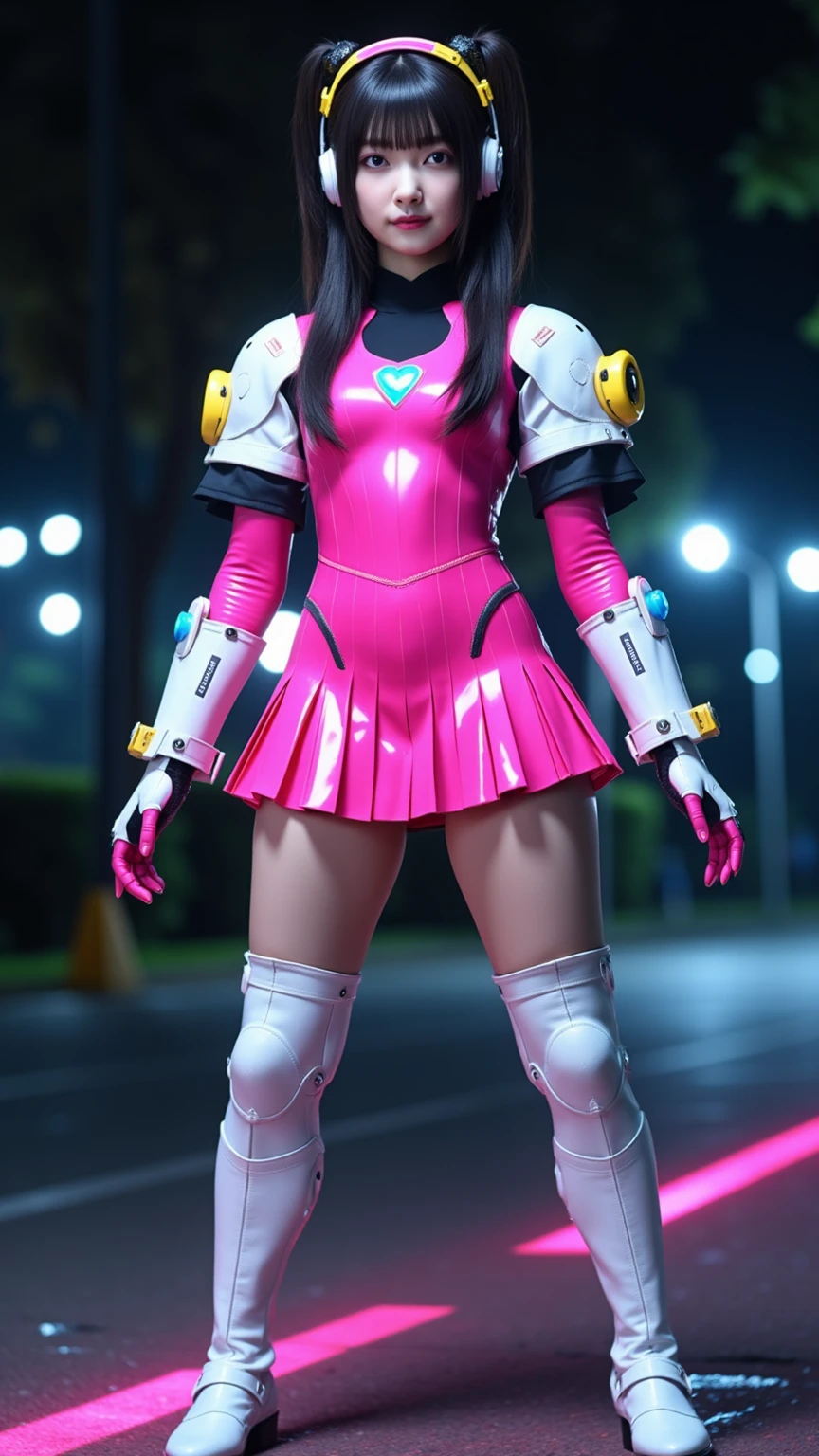 Brown hair, brown eyes, small breasts, Pink and white superheroine uniform, latex outfit, fox heroine, medium hair