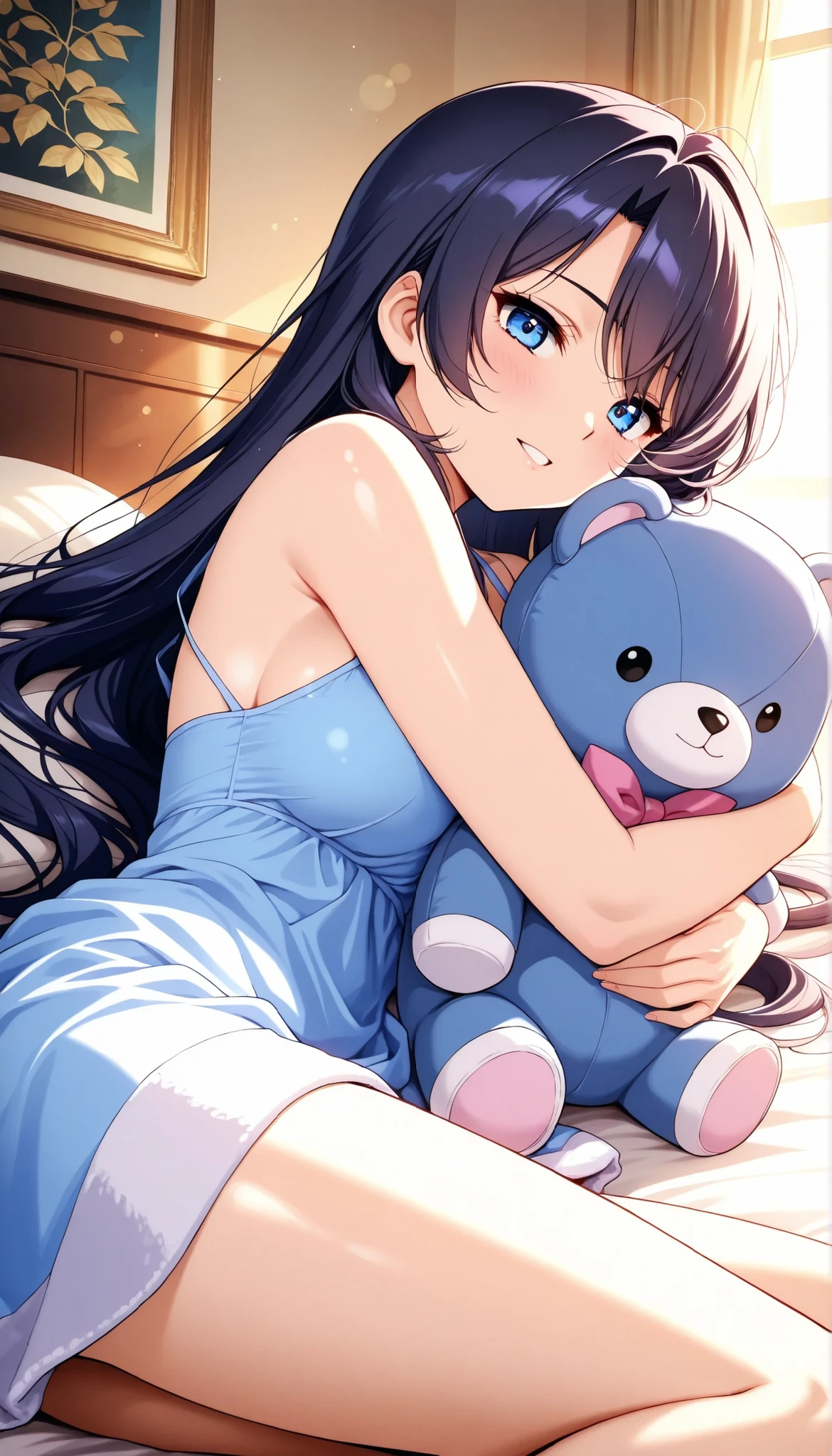 (A superb exquisite Chitanda Eru), (adult face), solo, intricate details, (finely detailed beautiful eyes: 1.2), purple eyes, long black hair, natural straight hair, straight bangs, solo, [Small_breasts: large_breasts: 0.5], normal breasts, extremely delicate, peerless beautiful girl, dreamy quality, exaggerated facial features, solid color, delicate face, bright lips, slender waist, straight curves, soft lights and shadows, super fine, [8K full HD], (masterpiece:1.4), (((timid smile, white lingerie, hugging a plush toy)))
