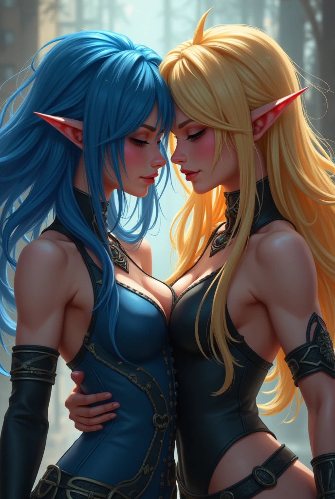 Couple of young elves kissing, ninja style clothes, dark background, blades with blood, natural breasts --auto --s2