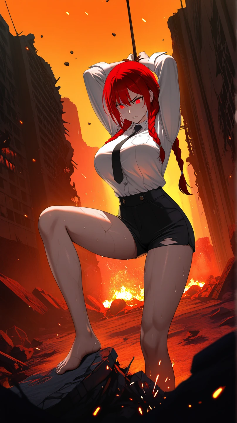 beautiful buttocks, Unbuttoning his shirt, A ruined building, unbuttoned black shirt, black tight shorts, sexy body, teats, bare buttocks, beautiful breasts, bare buttocks, waist, tmasterpiece, beste-Qualit, portraite of a, a 1girl,makima \(chainsaw man\), solo, standingn, redhead hair, hairlong, braided, (bright glowing eyes: 1.4), (golden eyes: 1.3), dilated pupils, quiff, Average Breasts, white shirt, tie, opinion, ssmile, looking a viewer, (interview:1.3), hight resolution, (facial focus:1.4), (gaze at the viewer:1.15), (black backdrop,)