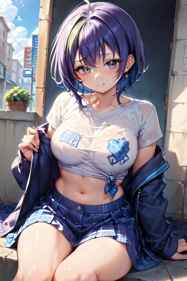 score_9, score_8_up, score_7_up,source_anime, BRAKE by tomose_shunsaku, 1girl, solo, , loliai, mesugaki, star-shaped pupils, mole under eye, camisole, pointy huge breasts, perky breasts, slender body, jacket, short pants, kneehighs, sneaker