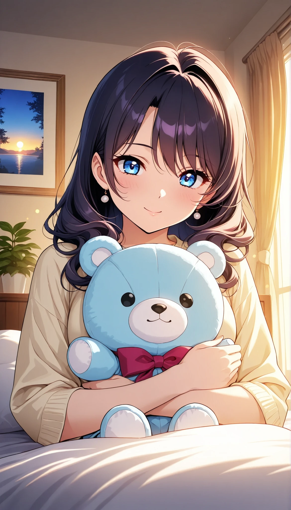 top quality、Highest image quality、masterpiece、young woman((black pajamas、18 year old、 Ager、Best Bust、large washcloth,Black eyes, Black hair、thin,Large Valleys、Clean and clean、床futon bed linenの上)),High quality、Beautiful art、Background with((Nice and clean room.、futon bed linen、cute chest of drawers、stuffed animals、Pink walls、DVR、Aroma diffuser))masterpiece、depth of field,cinematic style