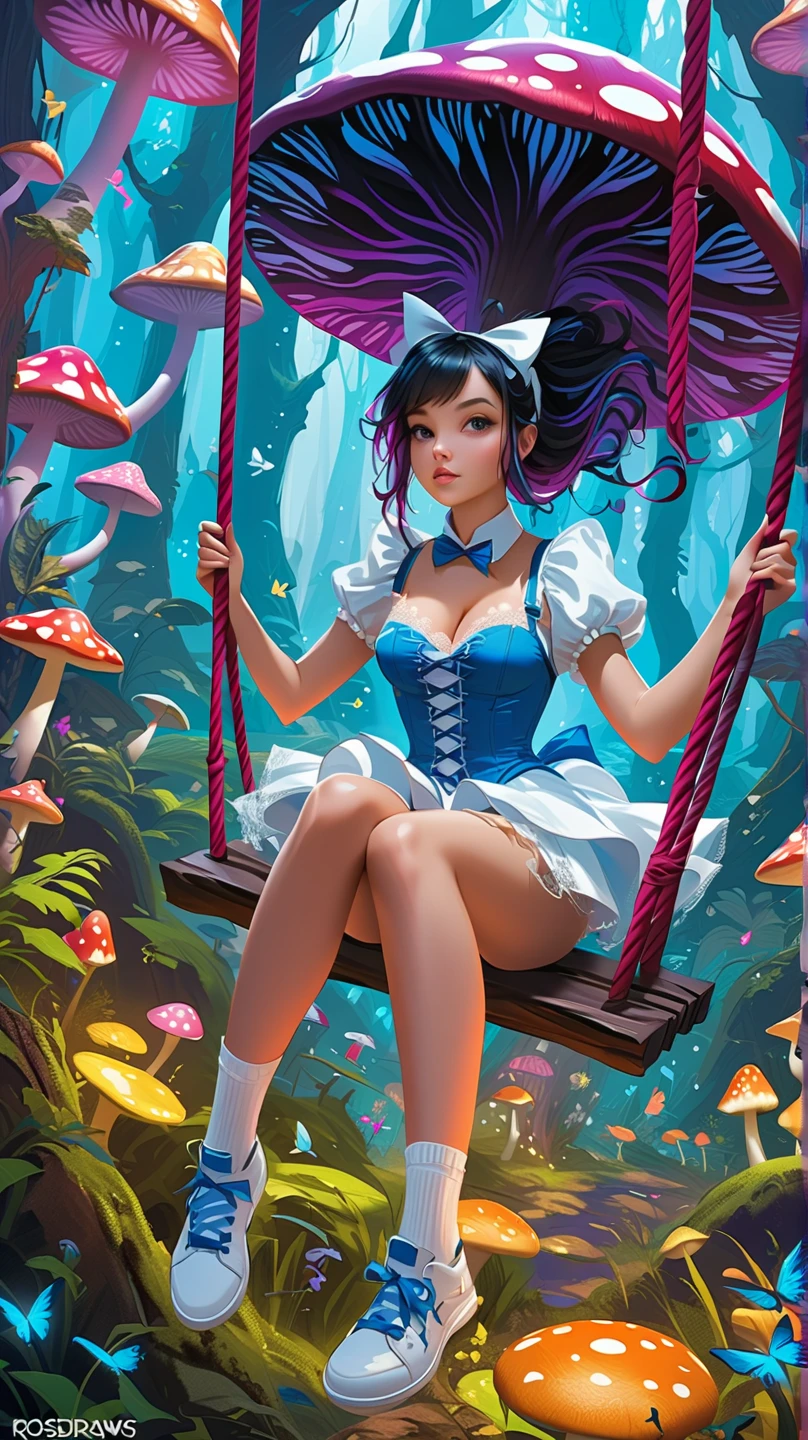 a beautiful 20 year old black woman with big messy hair, Afro, in a blue dress, white stockings, black headband, cleavage, holding a glowing mushroom, fantasy art style, rossdraws cartoon vibrant, alice x. zhang, alice in wonderland cyberpunk, cute detailed digital art, colorfull digital fantasy art, digital fantasy art ), glossy digital painting, rossdraws pastel vibrant, rossdraws 2. 5, rossdraws 1. 0