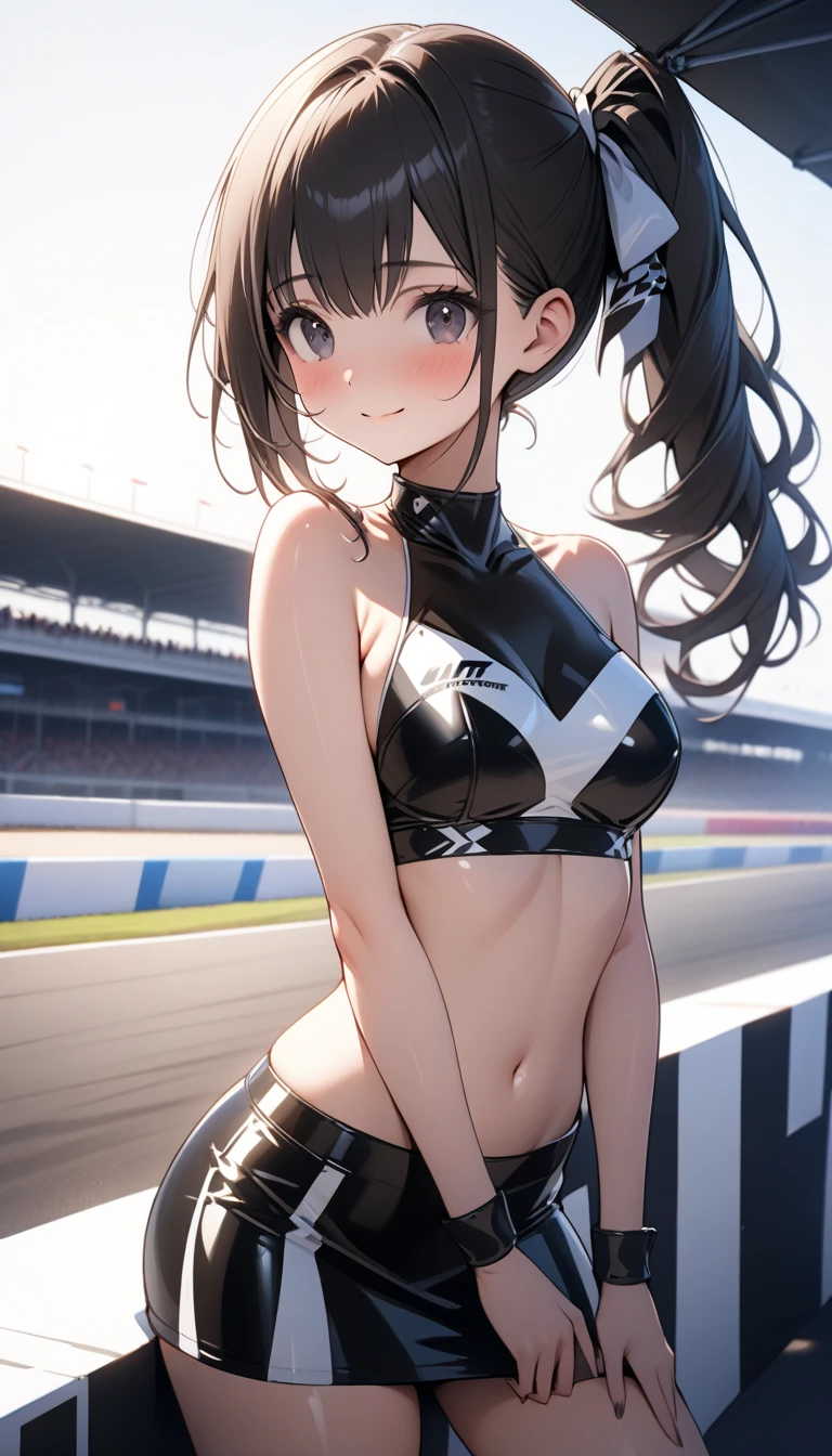 (masterpiece:1.3), (8K、best quality:1.4), (Highest image quality, intricate details, high resolution, depth field, Natural light, professional lighting), (1 girl), (solo), (mizuki yukikaze), (hair ribbon, black leotard, taimanin suit, one-piece tan, elbow gloves, fur trim, fingerless gloves, frilled leotard, thigh boots), Beautiful face with perfect symmetry, beautiful detailed woman, very beautiful detailed face, very beautiful detailed eyes, smile, laughing very happily, beautiful teeth, beautiful teeth alignment, Super detailed, very detailed, beautiful teeth, beautiful teeth alignment, Super detailed, very detailed, light shines on your face, ((dynamic pose)), crossed bangs, asymmetrical bangs, long neck, please show me your ears, Bansig's eyes, eyelash, cute, very natural breast shape, take a pose, close-up of woman, towards the camera, laughter, Stadium background in the daytime