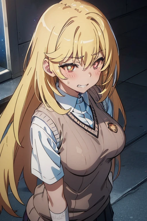 1 Female, Age 20,whole body,Standing,blonde perm hair,Gal,((face)), In the heat, Sulky face, Yellow Eyes,tits, White shirt,Navy blue tie,High quality anime, Vulgar,(90s Anime), ((Sweat)), Mastepiece, Ultra High Quality, High resolution, 8K, background: Realistic school classroom,Window,sunlight,((Fisheye Lens)),backgroundボケ,(Low - Angle),