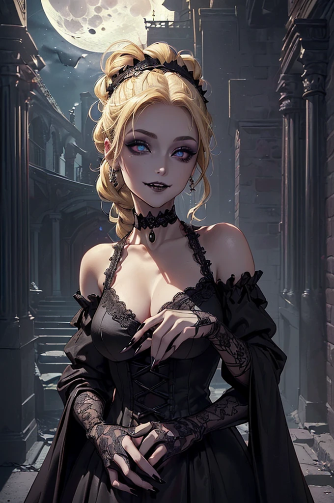 Full body. Disney princess. A young woman on her 20's with long blond hair and blue eyes. She's wearing a tta dress (purple,and balck). underground style