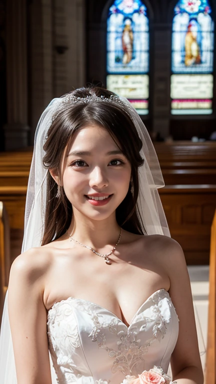 (kawaii face), (flat chest:1.2), happy smile, (Beautiful frills and lace cute wedding dress:1.3), (tiaras, necklaces, earrings), Ultra High Definition, Superior Quality, Premier Quality, ultra detailed, Photorealistic, 8k, RAW Photos, highest quality, masterpiece, professional photography, Realistic portrait, Beautiful detailed, Close up portrait of girl, (chapel, stained glass:1.2), bouquet, flower decoration, candle light, (Fine face:1.2),