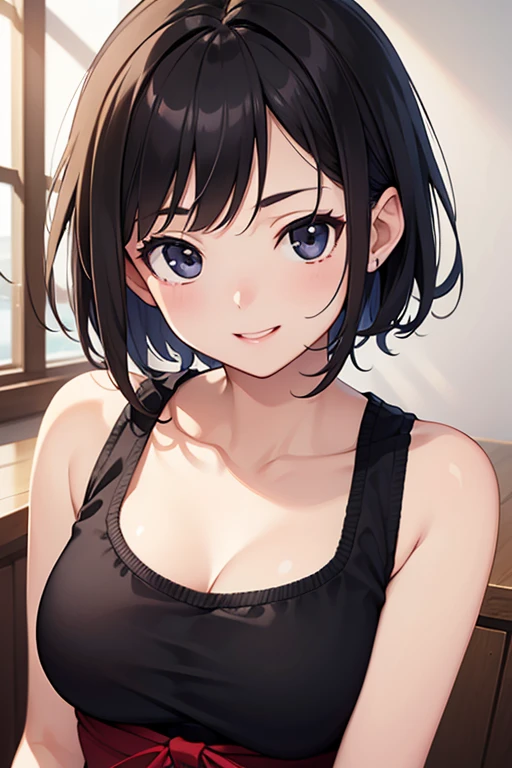 (masterpiece, face focus:1.3), (8K, Raw photography, Top image quality: 1.4), kawaii elemrl looking up and kissing to viewer、(Random hairstyles:1.2)、embarrassed with blush, showing small cleavage of the breast:1.2、perfect closed eyes, Super Detail Face、Eye of Detail、kissy mouth, Bring your chest together、sharp focus:1.2、pretty infant:1.3, cute loliight brown hair、t-quality、超A high resolution、(Photorealistic:1.4)、Highly detailed and professional lighting smile、 Loose and light tanktop、Shoulder out、no bra, erect nipples high beams, serious facial expression、short-haired、Fatal position