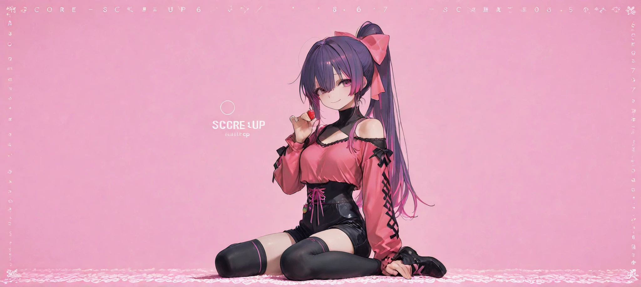 score_9, score_8_up, score_7_up, score_6_up, score_5_up, score_4_up, 4K, 8K, solo, purple hair tied in a high ponytail with pink highlights and a large pink bow. She wears a shiny, Asymmetrical Vivid Pink top with one long sleeve and one bare shoulder over a black mock neck. Black high waisted shorts that have yellow lace-up details, pink background, black thigh-high socks, holding a strawberry in hand ,smile, fullbody, wariza