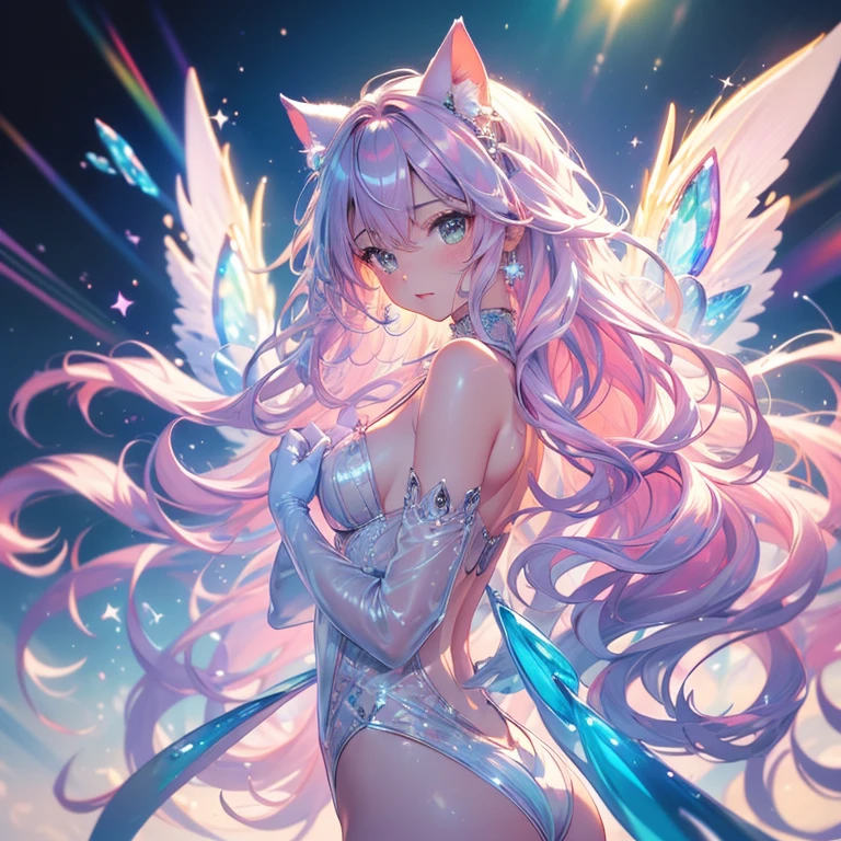 (Masterpiece, Highest Quality, Best Quality, Watercolor Art (Pendant), Official Art, Beautiful and Aesthetic, (1.3), (1 Girl: 1.3), (Fractal Art: 1.3), Full Body, Star-shaped Pupil, , Pattern, ((iridescent hair, colorful hair, half blue and half pink hair: 1.2)), Aqua, Liquid, Cloud, Colorful, Starry Night, Star, slight smile, Glasses, Writing, Heterochromia, (Colorful: 1.5), galaxy, looking up at the stars, (beast ear), 30x speed, high quality animation, flexible animation, advanced animation, high frame rate, without image distortion, original drawing, finishing of frames, correct transition of frames, smooth animation, real body physics, real time animation, high precision of movements, high speed of animation, high detail of movements, high mobility, copy the movement of a real person