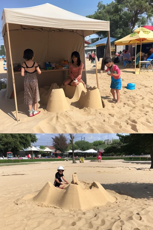 There are a few children building sand sculptures on the beach