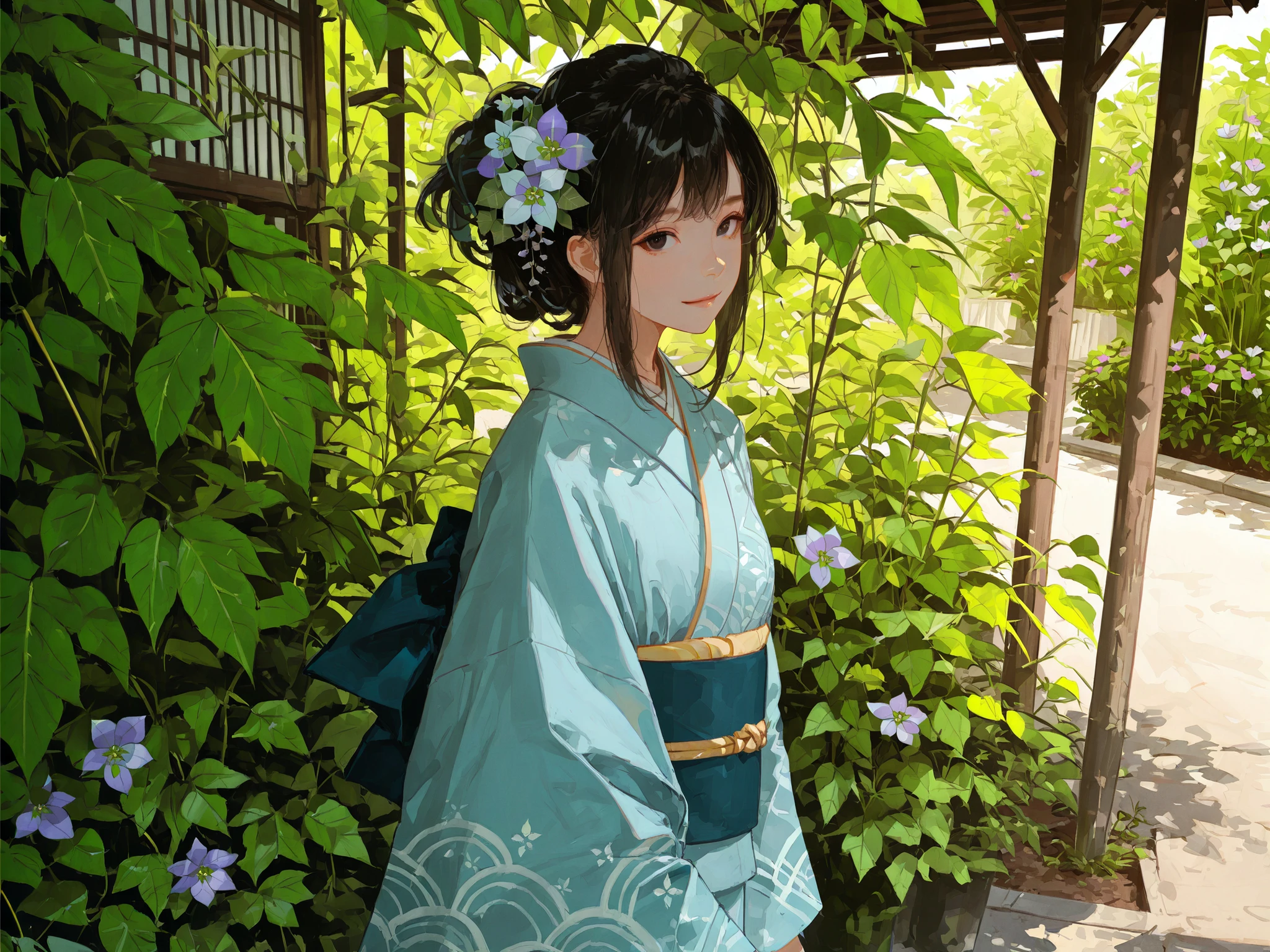 medium shot, front shot, focus to flowers, makes an aesthetic, Master piece, Best Quality, ultra detailed, a cute girl, solo, long Hair, beautiful black hair, hair up, beautiful black eyes, light smile, light blue kimono with wave pattern, hair ornament, walking toward viewers, outdoor, Japanese street, Ivy hanging down and (clematis flowers in bloom:1.6), morning