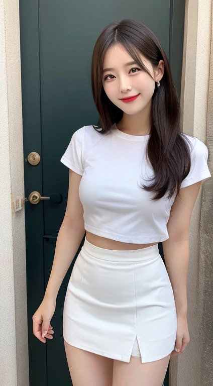 White tight shirt、White tight mini skirt、a bed、a smile、shortsleeves、high-level image quality