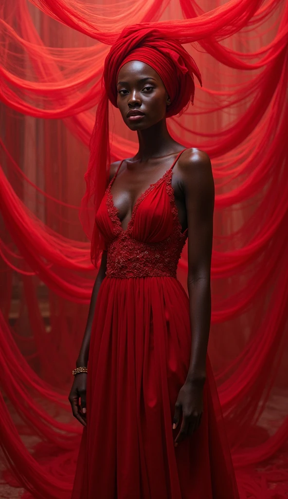 thin black woman, Long blonde braid, redgown, black fabric simulating a studio in the background, even if you are in an external place, red butterflies around