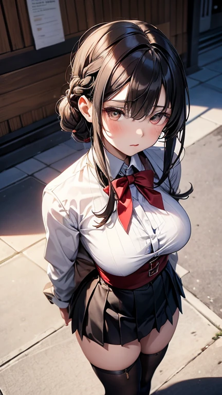 (((masterpiece))),(((High resolution)))、(((8K)))、(((perfect face)))、(((beauty of japan)))、20 years old、(((beautiful face))), (((school uniform))), embarrassed look, look at the camera, thighs、top quality eyes, detailed texture, look at the camera, plump, plump thighs, big tits, all body
