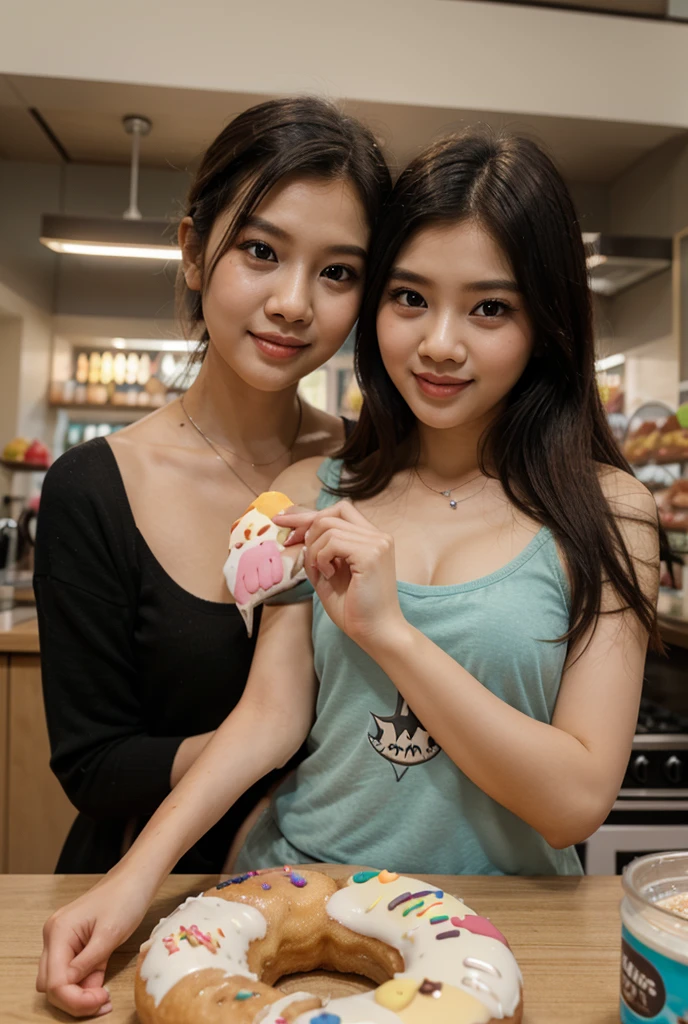 ((Inside the Starbucks store))、24-year-old office lady in a miniskirt suit、Eat cake、((Drink coffee))、smile、Heart Necklace、Gold bracelet
((Emphasize cleavage))
(((A pink and blue floral bra is visible.)))
((((Dark eye makeup))))
