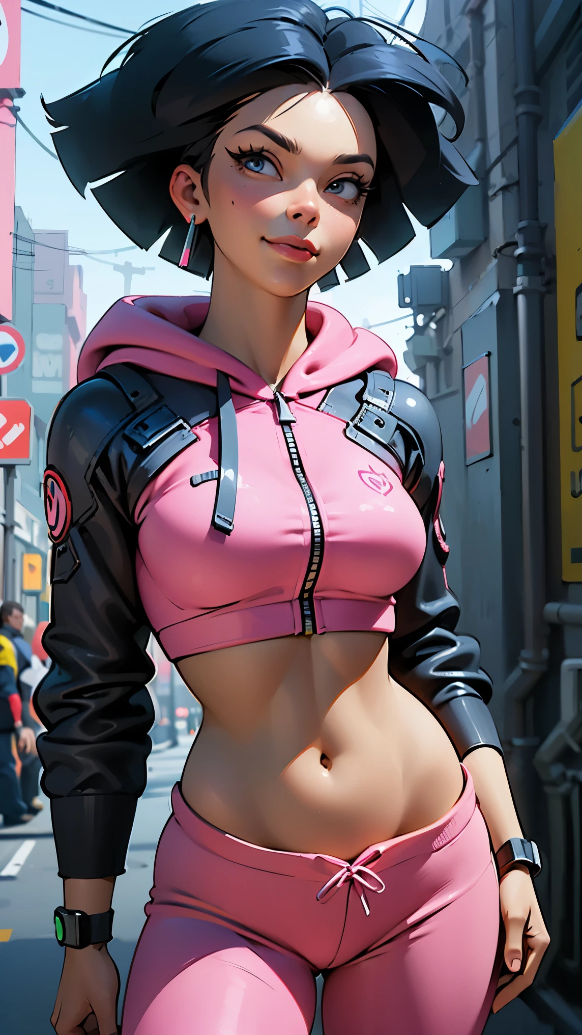 (La armor,A high resolution,Ultra - detailed,actual),amywong , black hair, 1girl, Alone, black eyes, pink hoodie, short hair, navel, pink pants, long sleeves,looking at viewer,  smile, standing, best quality, high quality, masterpiece, absurdres,   (alley background big stones), ,( cyberpunk 2.1), More detailed 8K.Unreal Engine:1.4,UHD,La armor:1.4, Photorealistic:1.4, skin texture:1.4, Masterpiece:1.8,masterpiece, armor,object Object], (detailed face features:1.3),(Las proporciones correctas),( beautiful blue eyes),  (cowboy pose), (realistic:1.4) 