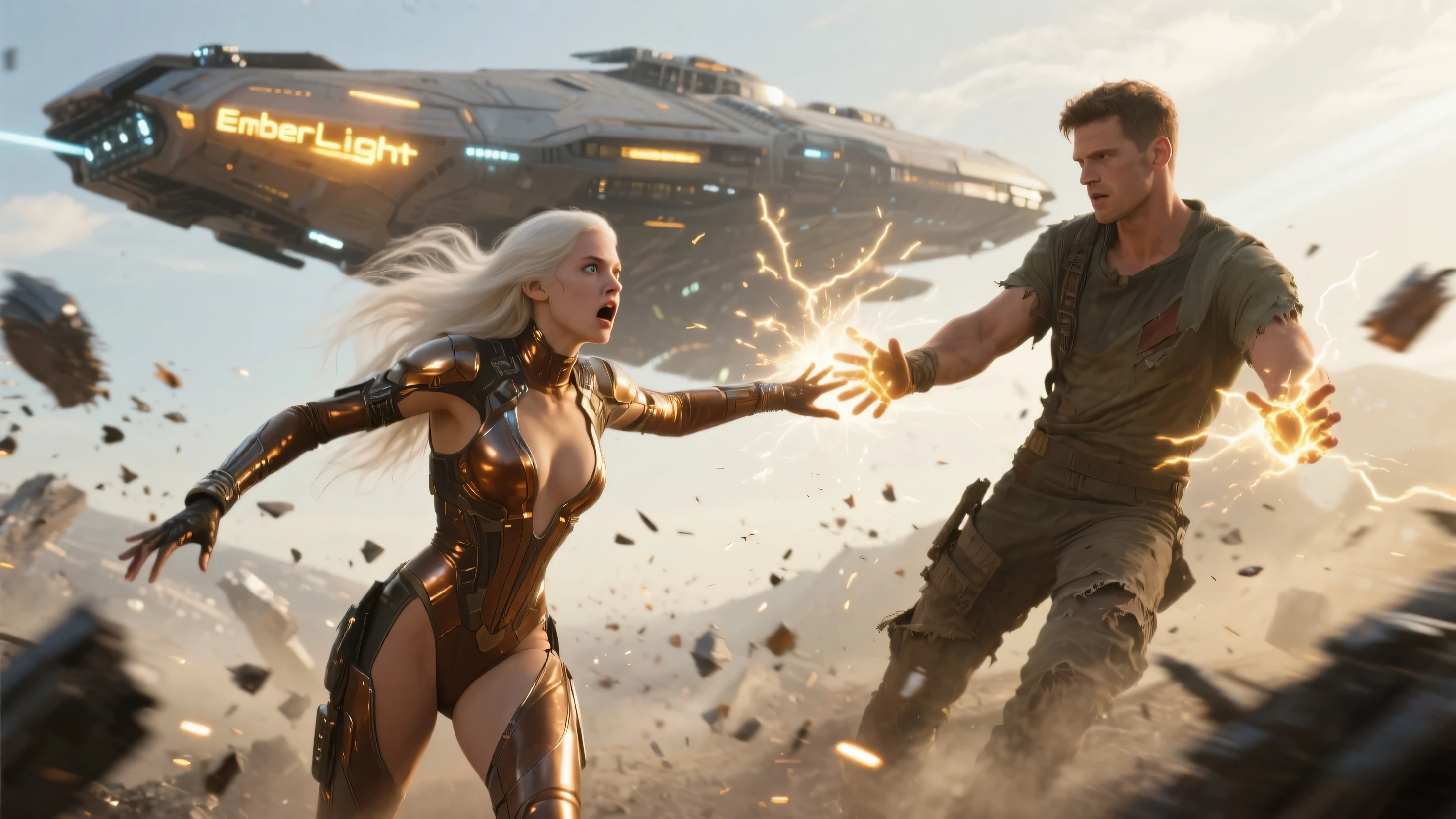 there is a woman in a dress standing next to a robot, abbey lee kershaw as emma frost, background: battle scene, fulldome, people dancing in background, jennifer lopez, promotional photograph, kylie minogue, astral dress, protagonist in foreground, fairy dancing, inspired by Heinrich Kley, still image from the movie, fantasy leather clothing, tekken, cgsociety 9, imax hd --ar 16:9 --auto --s2