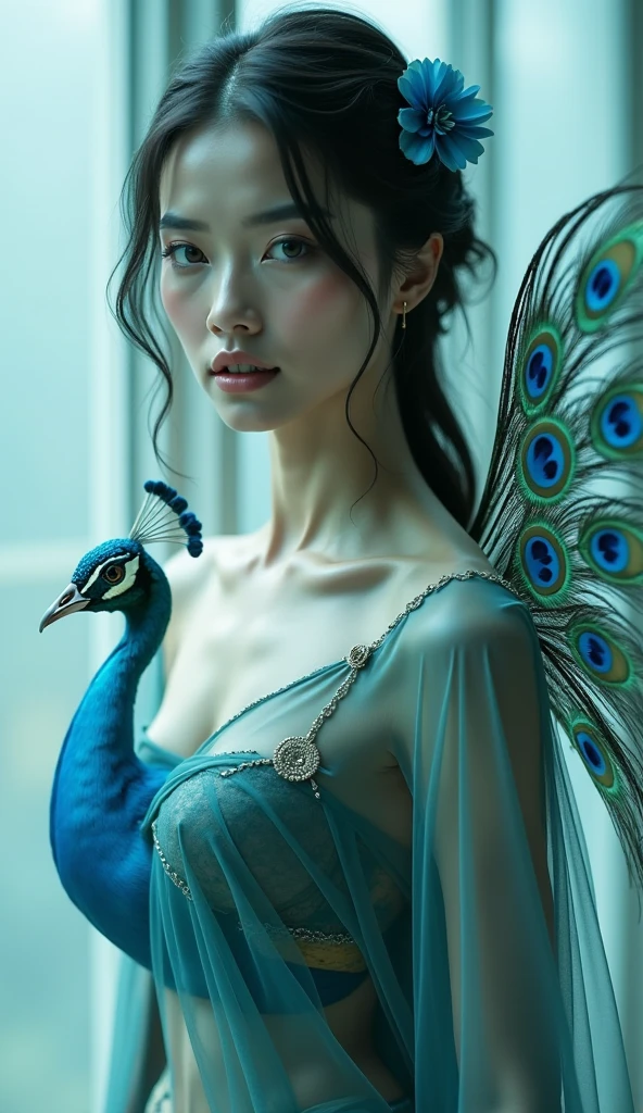 (masterpiece, best quality:1.2),1girl, bare shoulders, black hair, blurry background, bracelet, breasts, brown eyes, collarbone, depth of field, earrings, strapless dress,peacock,Metal Bracelet ,Peacock standing on its arm,Chinese Dai ethnic clothing, eyelashes, hair ornament, jewelry, lens flare, lips, looking at viewer, midriff, realistic, solo, upper body