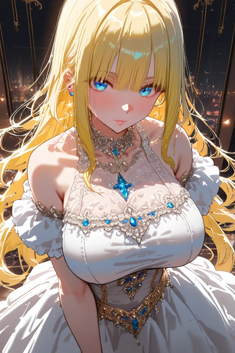 Tall Mature Women With Long blonde curly hair and Dark Blue Eyes , With Long black Eyelashes , Wearing Half sleeve White dress , Half portrait, Big chest , Hyper detailed eyes , hugh resolution, High quality, 4kHd , Masterpiece, Sharp Eyes