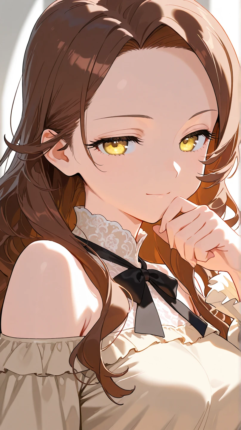 {{{{masterpiece, super detailed, highest quality}}}} light brown hair, medium hair, wavy ponytail, green eyes, kind face, smile, fits your body shape, dynamic angle, girly clothes, stage background, soft skin, mature look.