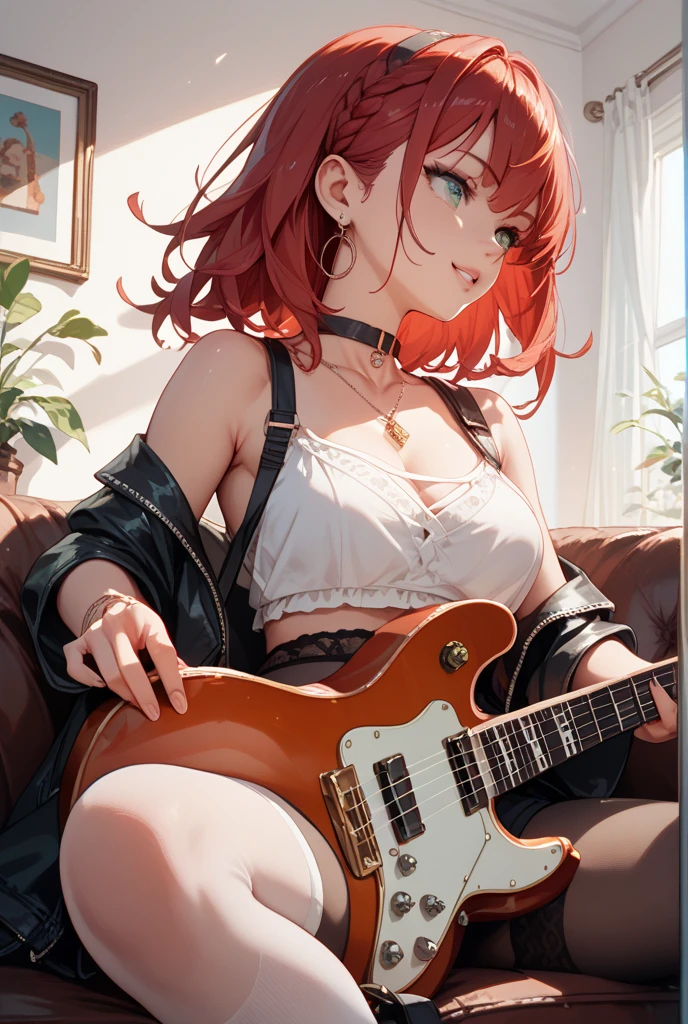super high quality, 8k, RAW photo, realistic, wearing electric guitar, beautiful sexy woman, forehead, hime cut, full makeup, red sexy thick lips, amorous expression, lewd expression, sitting, large breasts, slender, great proportion, background dark fantasy, scattered golden confetti, professional flare lighting