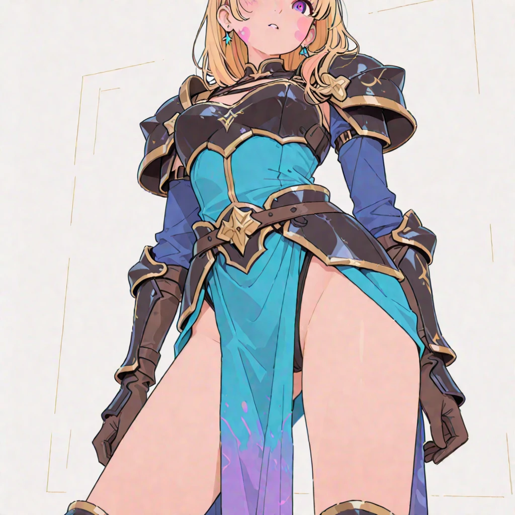 imagine one ((masterpiece)), Best Quality, 4k HD, ultra detailed, holographic, a beautiful mature girl, of long hair, Brown hair, drill hair style, beautiful eyes, almond eyes, blue eyes, disney style eyes, medium breasts, ((Whole body)), curvy body, beautiful legs. musketeer girl. She is wearing a short pink dress, light leather armor, high heel leather boots, leather knee pads, leather gloves, leather elbow pads, a leather shoulder pad. it is ((standing)) with his legs apart, loose arms, Tender smile, passionate look, expression of love. Estilo Genshin Impact