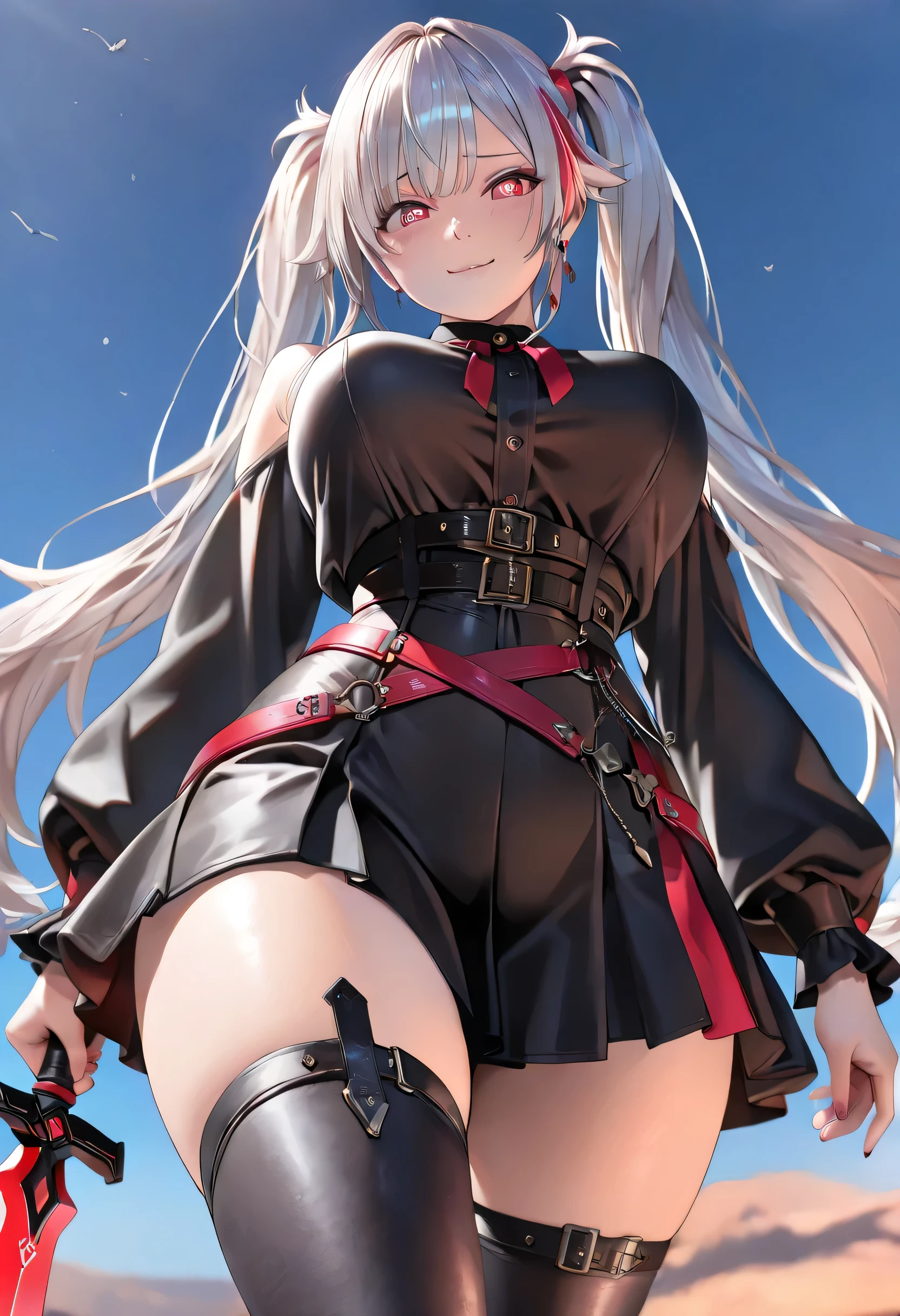 (Masterpiece, best quality , more details, 8k, 4K, hi res, ridiculous :1.3), ( Detailed Textured Lighting , detail surface lighting for viewers ), [ pastel color ] [ Calm Colors ] [ Anime Screen Cap ] [ photorealistic] A 3D character model,perfect proportions, beautiful body,newest,highres,absurdres,full color,polychrome,colorized, in vivid colors, highly saturated, vibrant colors, bold colors,(large breasts,wide hips),large eyes,View from below,(naughty look,shy face),18yo/A silver-haired female warrior with long, thin twin-tails, (((wearing a black-based outfit covered in many belts))). Her outfit reveals parts of her skin: underboob, midriff, and thighs. She has a barcode tattoo on her thigh. (Her eyes are glowing red), and she wields a long red sword. ((The background is a fantasy otherworld battlefield with a dramatic sky)). Her pose is dynamic, ready for battle, with wind flowing through her hair. Highly detailed, cinematic lighting, intense atmosphere, fantasy style.outdoor,((gothic style)),