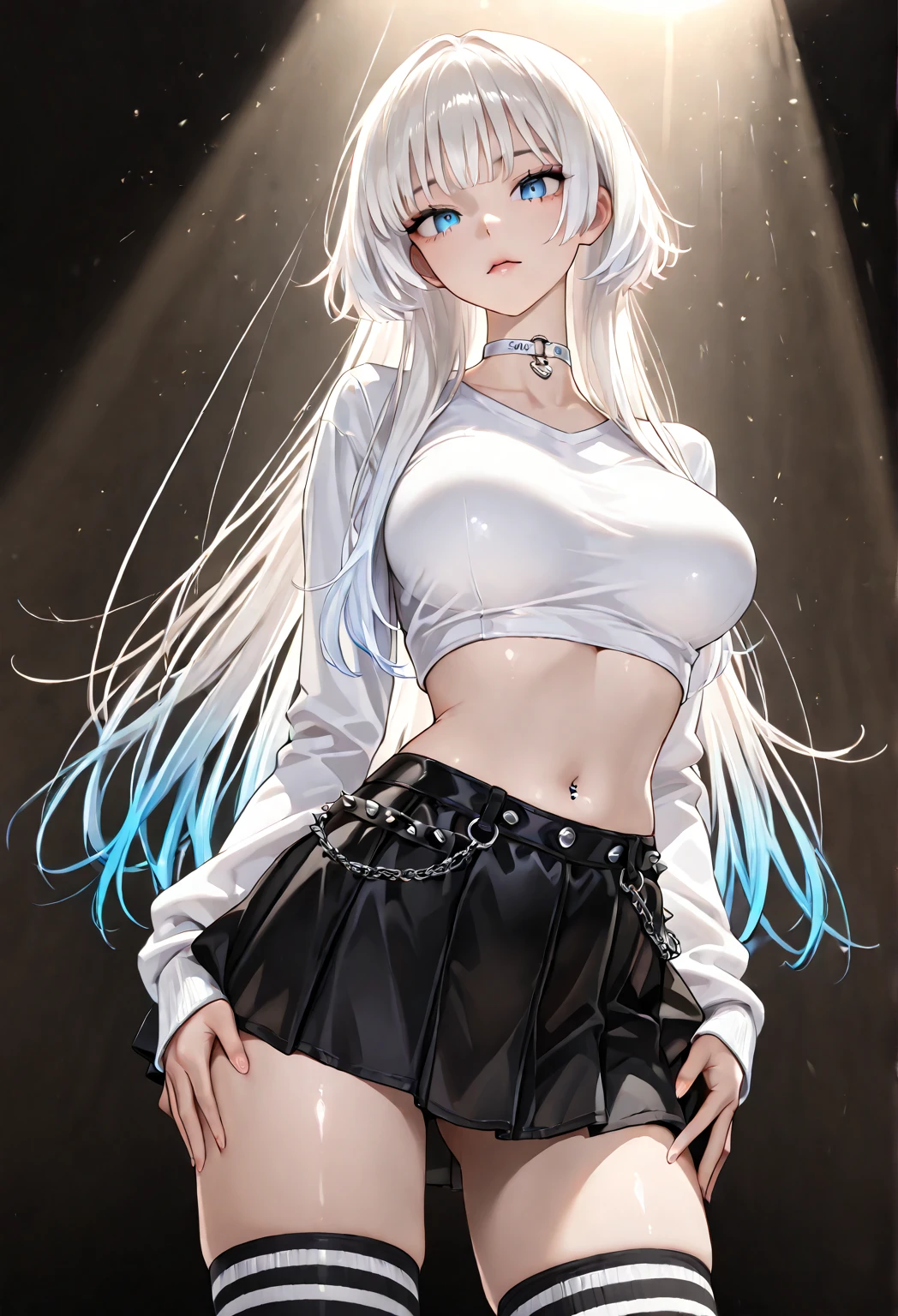 (((1 girl)), ((long platinum blond hair)),((platinum blond hair)), ((long platinum blond hair, plump and slender girl)) long haired girl, long hair)), ((((Girl wears an off-shoulder white blouse, short jeans skirt, blue short jeans skirt, tight jeans skirt, tight and very short skirt)) showing shoulders and cleavage, lifted up skirt))), showing a delicate and slender figure, correct limbs, innocent expression, Eye details, beautiful eyes, delicate eyes, blue eyes, large breasts, massive breasts, cleavage, bare shoulders