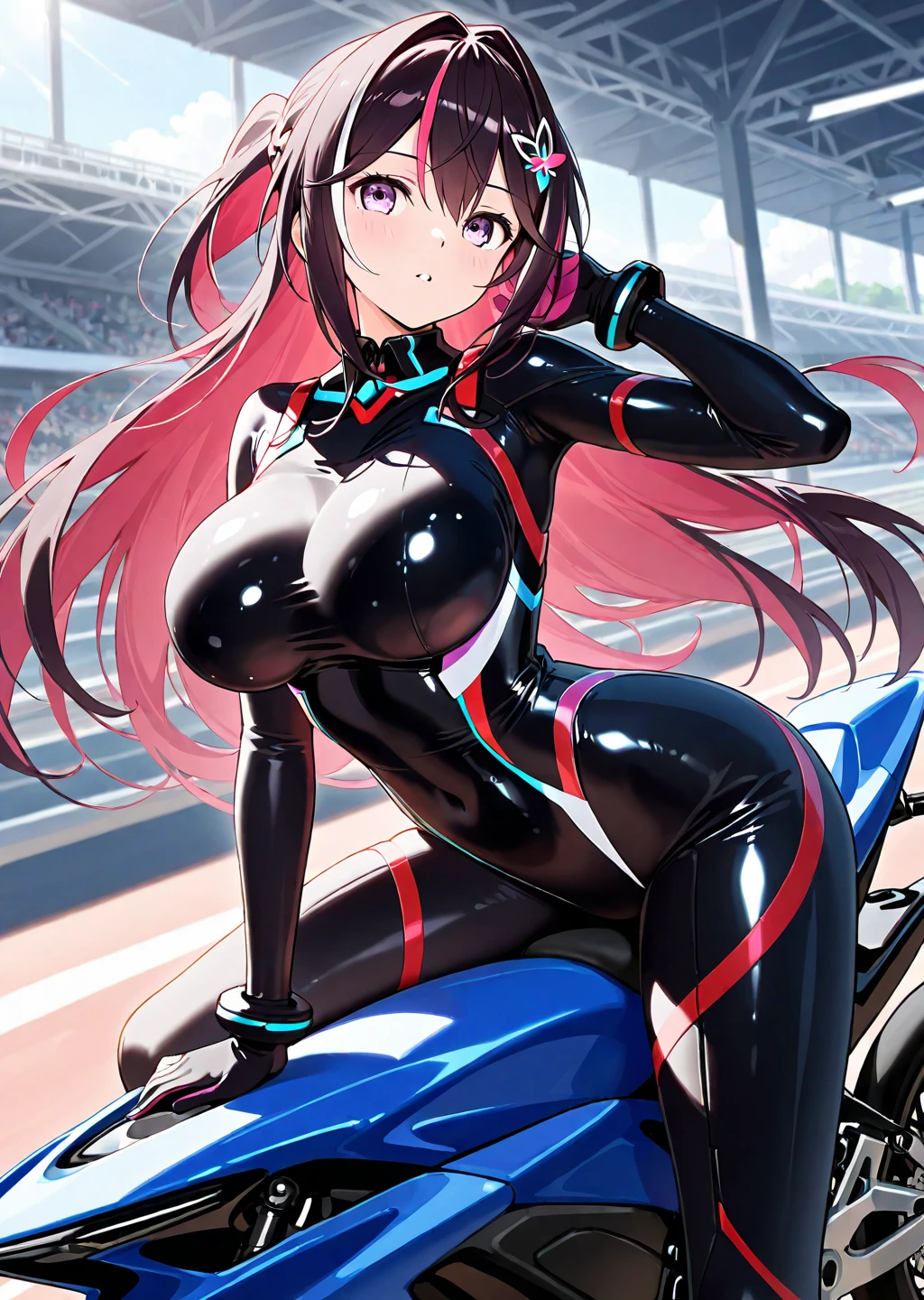 Blue and pink hair　pink eyes　rubber suit　motorbiker　tits　gloves　sexy　thighs　butt　chest emphasis