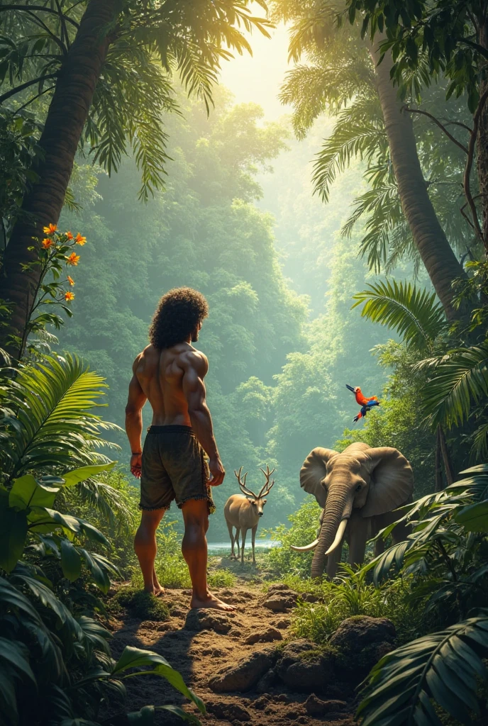 A full body of a highly realistic panoramic sunlight image of Tarzan swimming in the water.0 Both are half-naked dressed in a short loincloth of a primeval man, both standing dripping with water in the crashing waters of a very high waterfall half surrounded by big jungle trees in 70000000 BC, HD photography, ultra-realistic, King Tut, 4k, hyper-realistic, sharp texture, color. Her face with glistening water droplets is illuminated by the sun. he stands upright in the running water of the river, a perfect face model, Arabella mist-splitter, perfect face), handsome stylish, beautiful male face, attractive male face!!!, perfect face! all wet on a rainy night, scared look, eerie, creepy, dark ambient, cinematic lights, ultra sharp focus, bird's eye view, high view, looking at the camera, raindrops. A very realistic panoramic sunlight image of Tarzan riding on the back of an elephant he is wearing only a primitive short narrow loincloth of a primeval man, he dripping with water in the crashing waters of a very high waterfall half surrounded by large jungle trees in 70000000 BC, HD photography, ultra-realistic, King Tut, 4k, hyper-realistic, sharp texture, colour