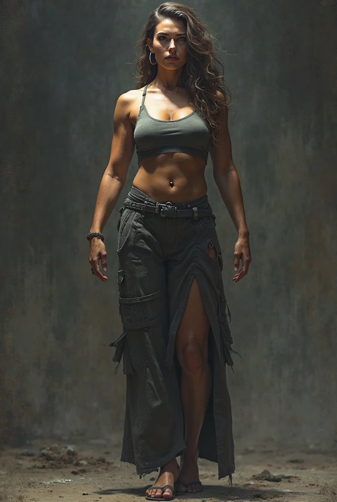 (1girl), black hair, extremely long hair, yellow eyes, (((muscular))), huge breasts, thick thighs, solo, angry, (pale skin), cowboy shot, police